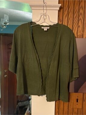 Coldwater Creek Olive Green Open-Front Short-Sleeve Cardigan
